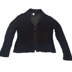 J Jill Cardigan Sweater M Black V Neck Single Button 100% Cotton, Shawl Collar